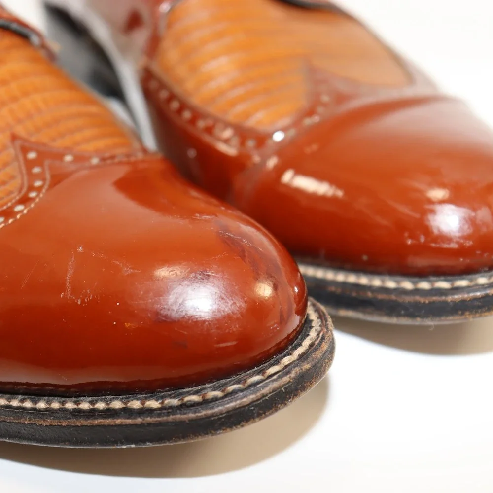 Stacy Baldwin Wingtip‎ Oxford Mens 11 Brown Patent Lizard Embossed Dress Shoes